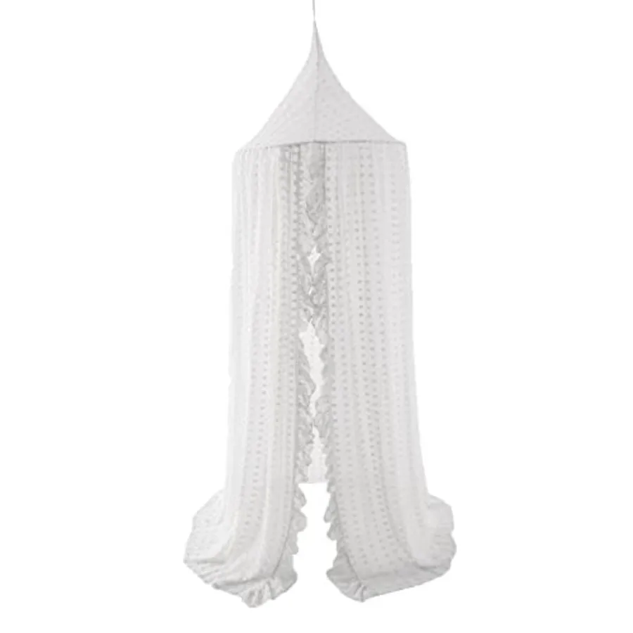 

Elegant Bed Canopy - Lace Chiffon Netting with Pom Pom, Princess Girls Fairy Dream Tent, Nursery Room Baby Crib Hanging Curtain