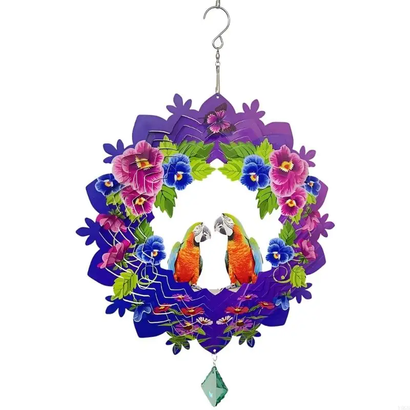 Garden Hanging Wind Spinner Decors, Rotating Parrots Stainless Steel Ornament with Florals Wreath Detail, 30 Diameter Y5GB