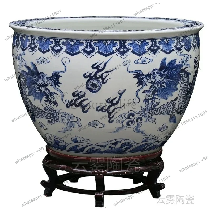 X4  Ceramic Fish Tank Hand Painted Blue and White Dragon Pattern Ancient Style Extra Large Sleeping Lotus Lotus General Offic