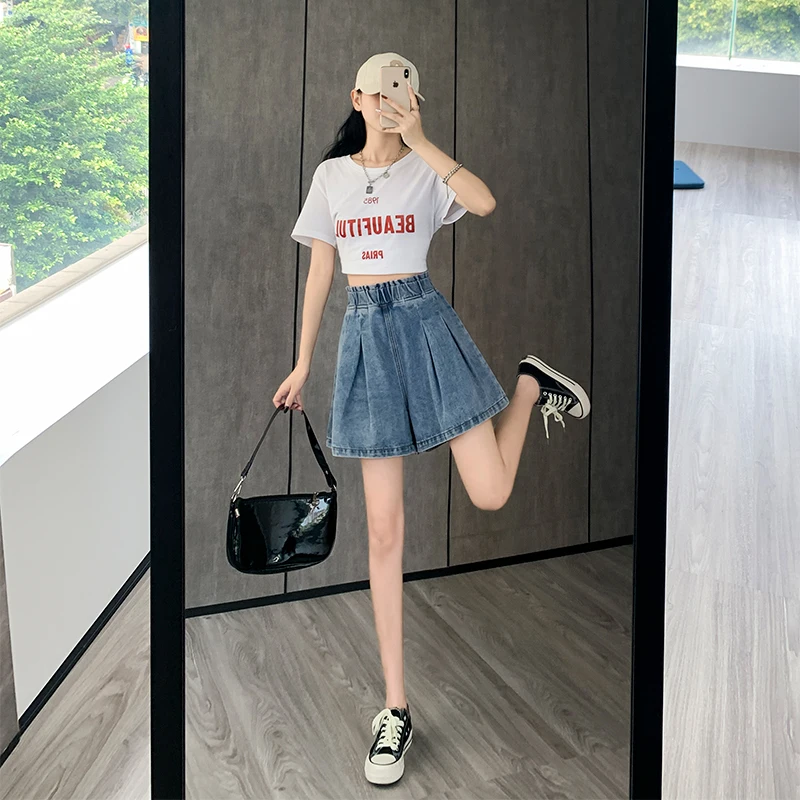 Casual Streetwear Oversized Denim Shorts Women M-5XL 6XL Large Size Short Femme Elastic Waist Loose Wide Leg Jeans Skirt Shorts