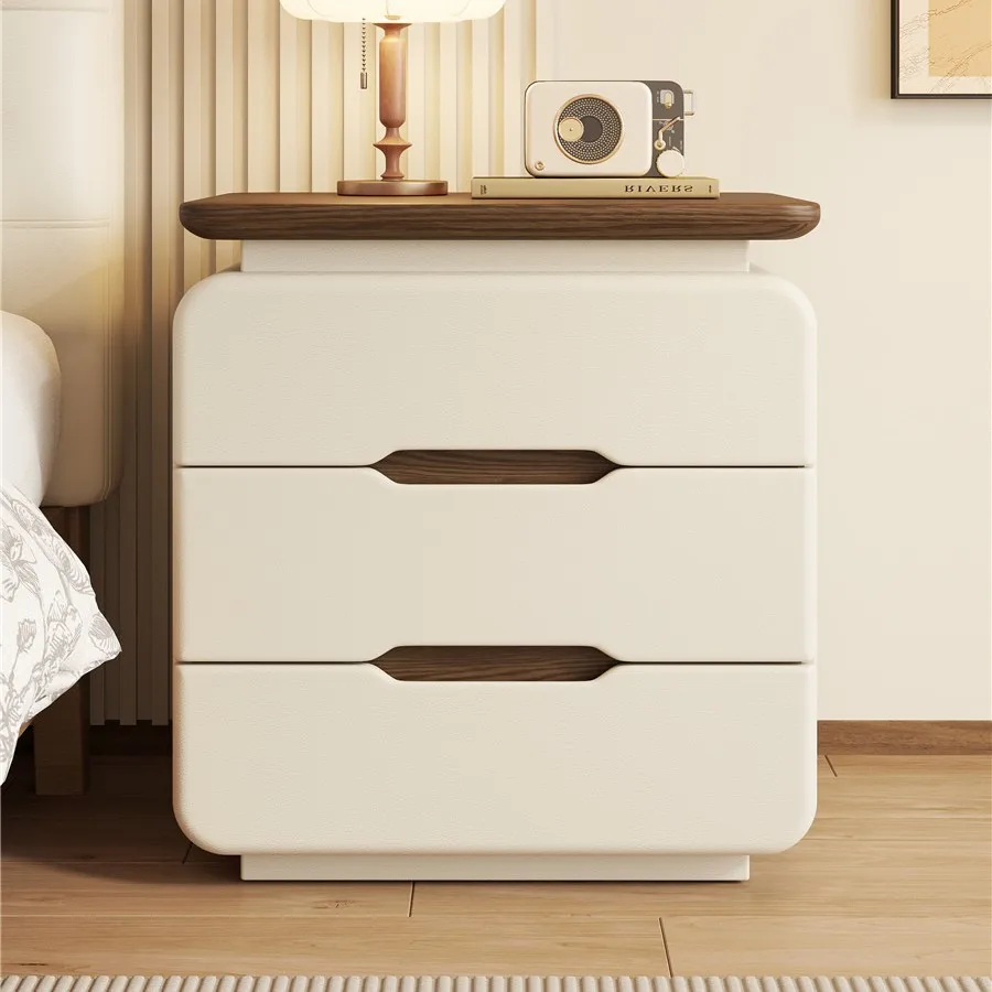 Cream Wood Grain Nightstand 2/3 Drawer Choice Modern Bedside Table with Hidden Handle Solid Wood Storage Cabinet for Bedroom image 6