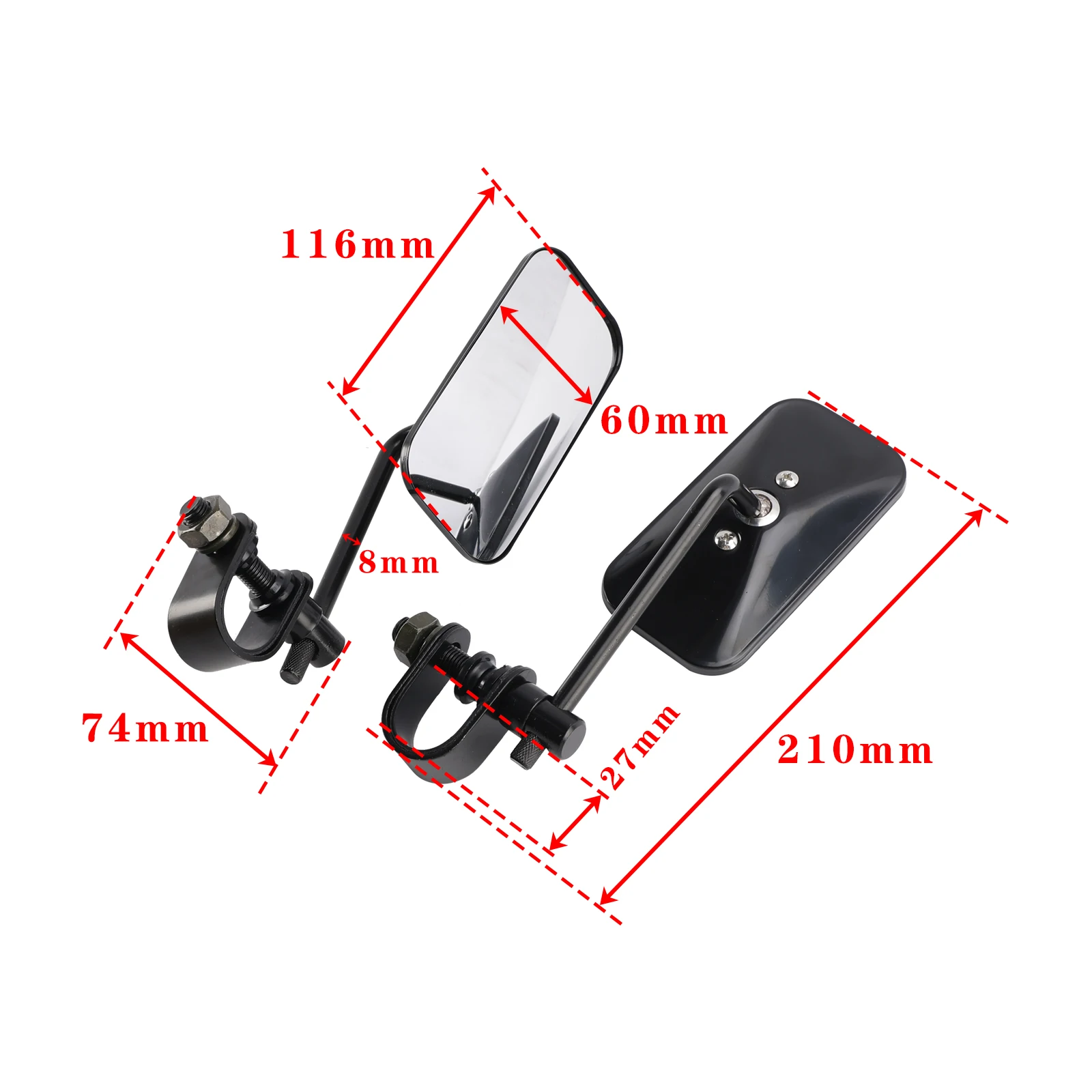 Artudatech Old School Style Rectangular Clamp-On Motorcycle Mirrors Black Brattstyle