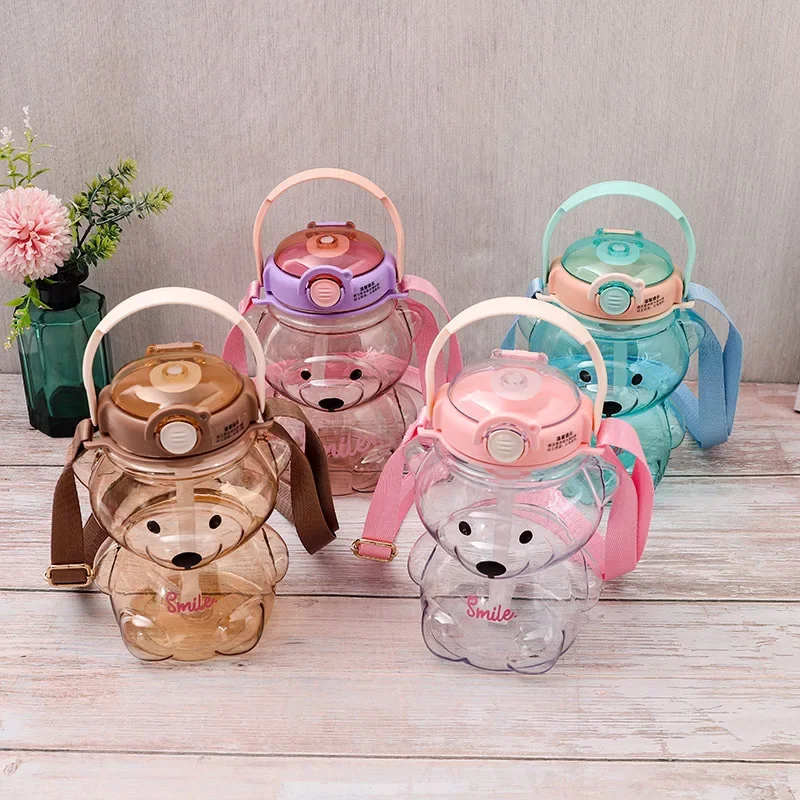 1 Liter Water Bottle for Kids Tumbler with Straw Mug Cup Bear Kawaii Summer Outdoor Sport Plastic Girls School Cute Drinking Cup