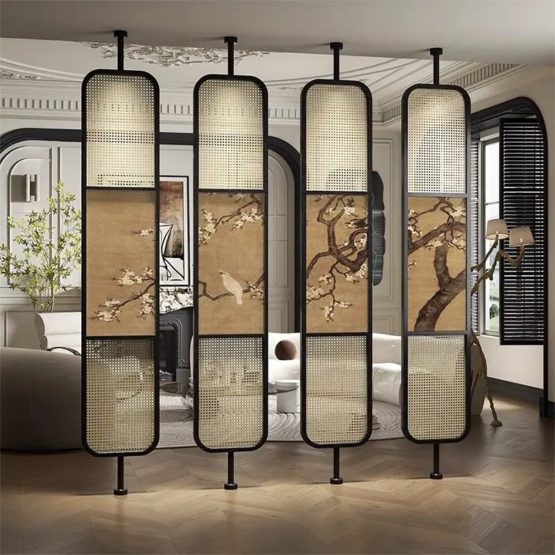 Medieval rattan solid wood screen partition facing the door entrance Chinese living room household bedroom shaded bathroom