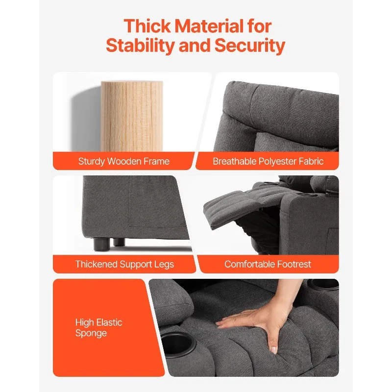 Kids Reclining Chair, Toddler Recliner with Cup Holders and Pockets, 107° to 126° Adjustable Backrest, Breathable Polyester