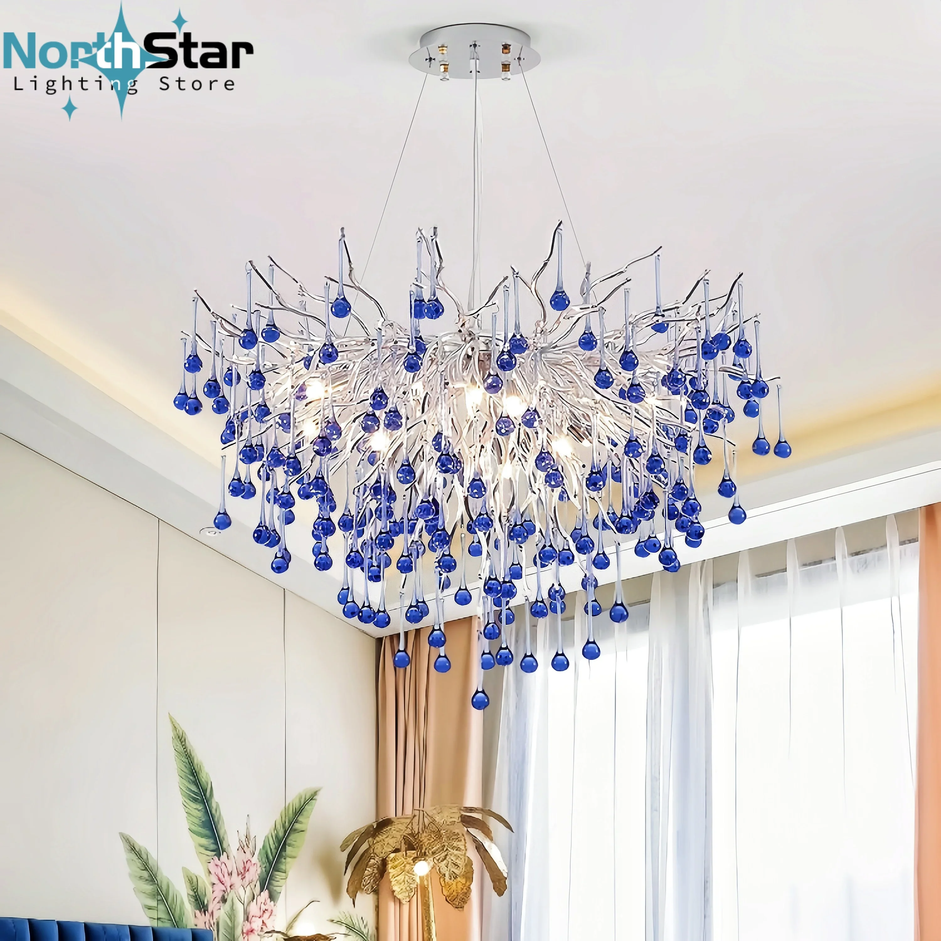 

Silver Modern Bule Crystal Branch Chandelier for Living Room Dining Room Raindrop Crystal Pendant Lamp Fixture Kitchen