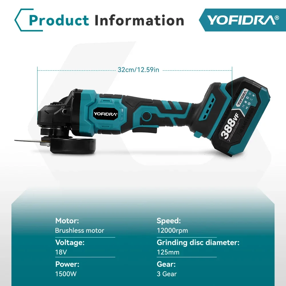 YOFIDRA 125mm Brushless Electric Angle Grinder 3 Gears Metal Wood Grinding Polishing Cutting Tool For Makita 18V-21V Battery