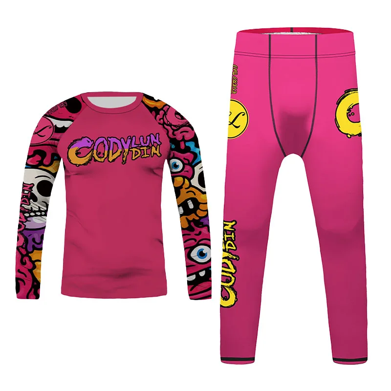 7-13 Age Youth Boys Fuchsia Graffiti Cartoon Print Rashguard Sport Set Breathable Stretch MMA Muay Thai Kickboxing Boxing Outfit