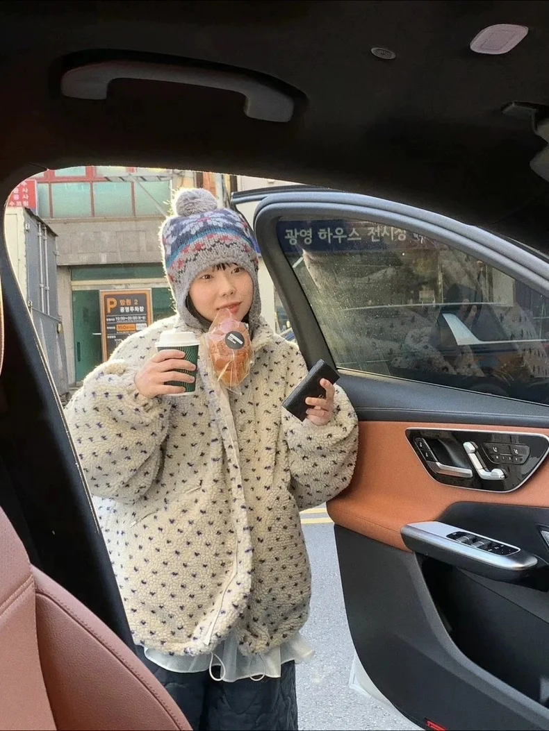 بوابة الشرق القلب البولكا نقطة فرو الضأن Jaet المرأة خمر فضفاض دافئ الوقوف طوق Plu معطف المرأة Faion الخريف #3