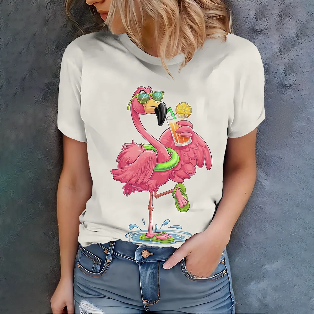 Wit T-shirt voor dames met cartoon-flamingo-kunstprint Casual zomerstijl Top met ronde hals en korte mouwen voor dagelijks Y2K-streetwear