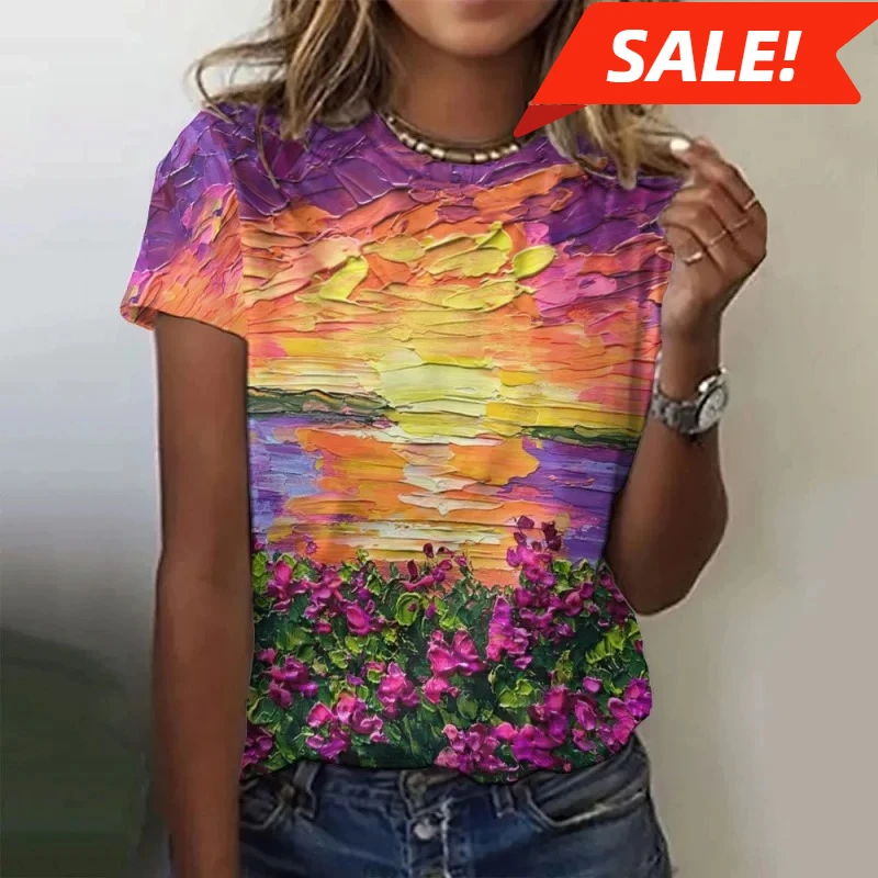 

Trees Flowers Pattern T Shirt For Women Ocean Sun 3D Printed Short Sleeves Tees Summer Casual Loose T-Shirts Street O-Neck Tops