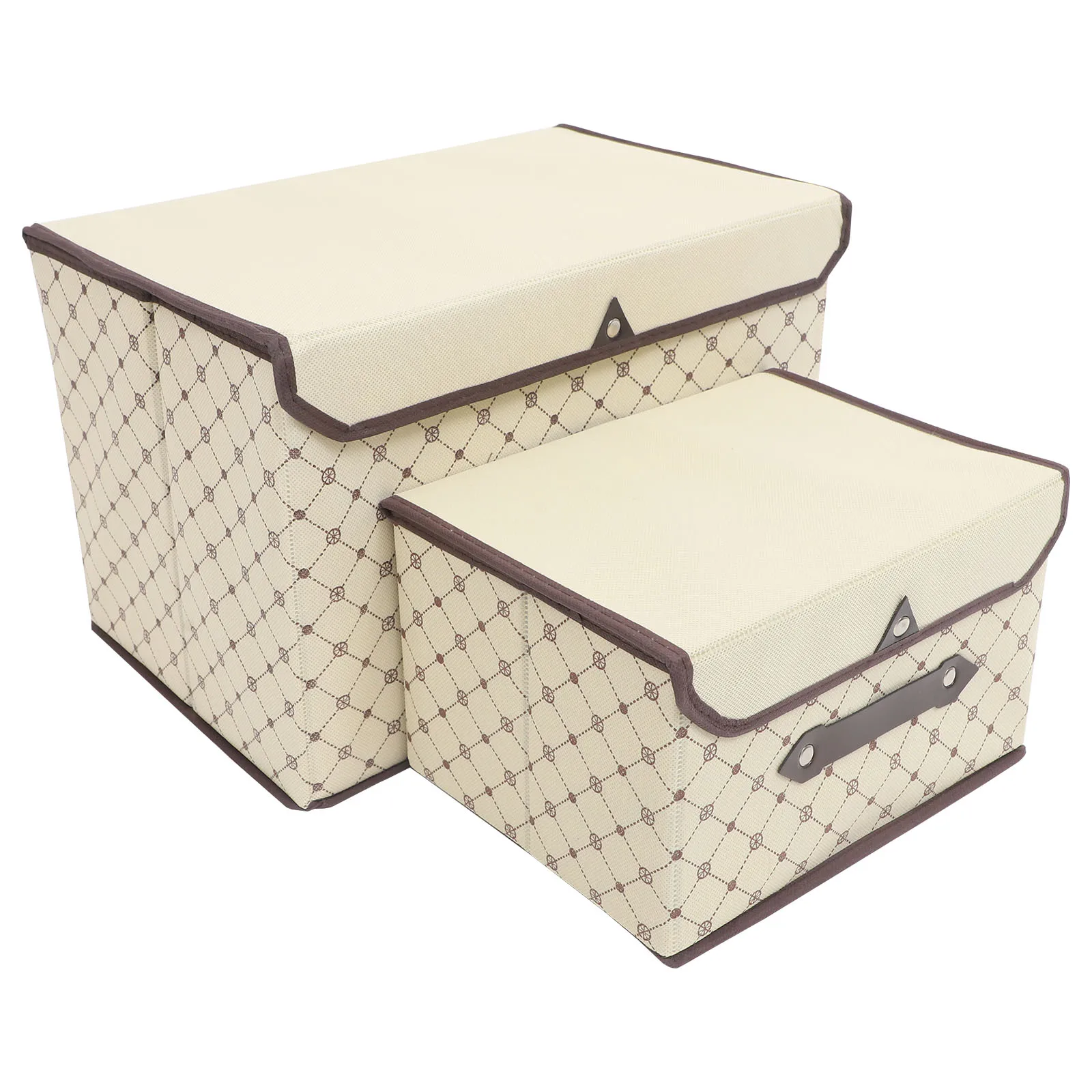 

2-Piece Fabric Storage Boxes Foldable Dust-proof Closet Organizer Beige Plaid Pattern Large Small Sizes Non-woven Bedroom Bins