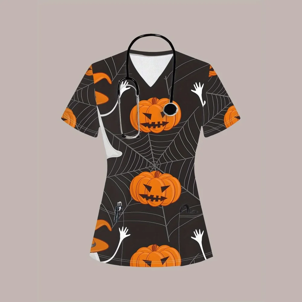 スクラブ制服女性ハロウィンシリーズ獣医医療スクラブトップスカジュアル半袖ポケット付き臨床制服女性
