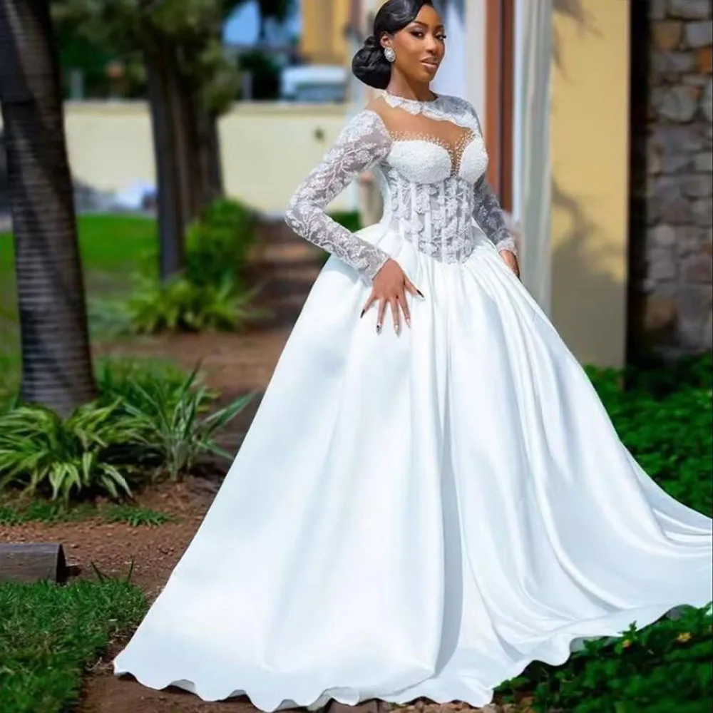 Customized African Wedding Dresses For Black Girls Long Sleeves Beaded Dubai Saudi Arabia Bridal Gown A Line Vestido De Noiva