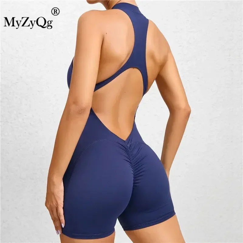 MyZyQg Women Tight Zipper Sports Yoga Playsuits Peach Buttocks One Piece Quick Dry Pleated Fitness  Ballet Dance Aerial Jumpsuit