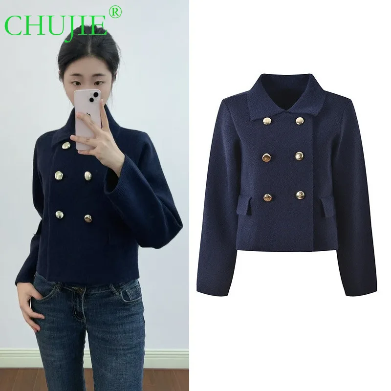 

【CHUJIE】2025 Autumn Winter New Design Turn-Down Collar Double-Breasted Niche Style Fashion Age-Reducing Versatile Short Cardigan