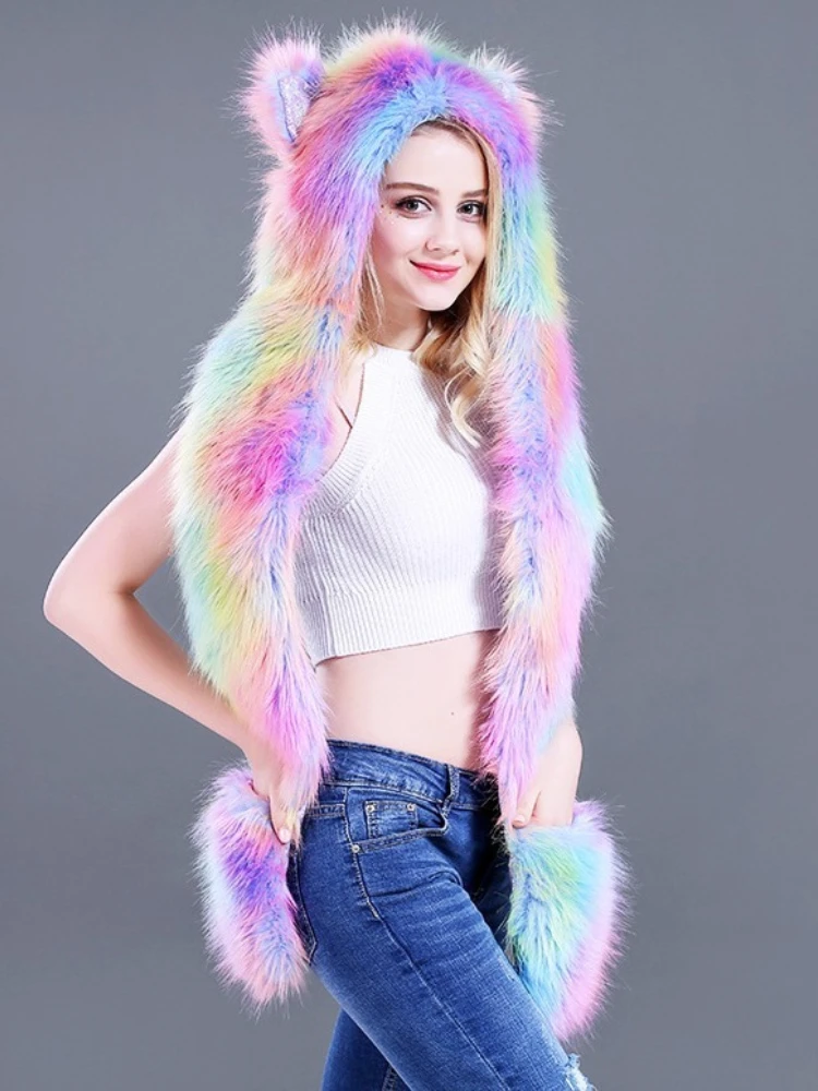 Set Topi, Syal, dan Sarung Tangan Bulu Lembut dalam Satu Set Tiga Topi Bulu Lucu untuk Wanita yang Sedang Laris Terjual Шапка Женская