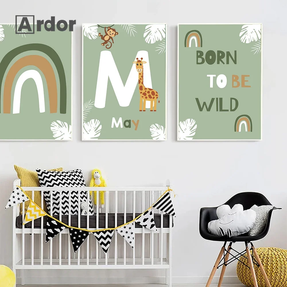 

Boho Green Art Prints Custom Name Canvas Painting Rainbow Alphabet Poster Nordic Wall Pictures Nursery Poster Girls Room Decor