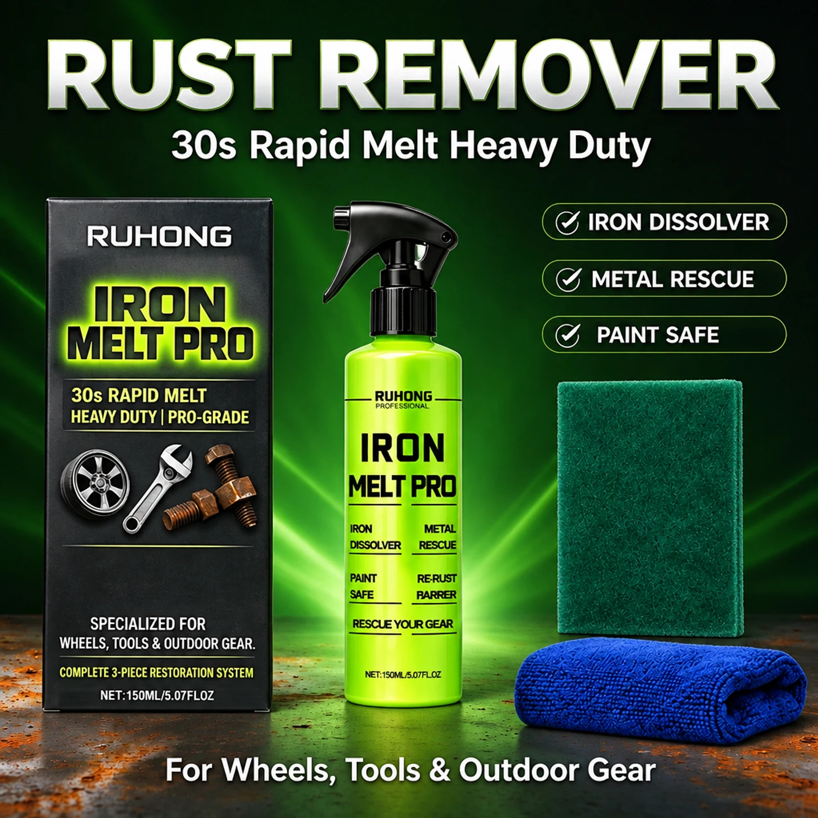 Car Iron Remover Spray Kit with Sponge & Towel Remove Rust Brake Dust for Car Wheel Metal Surface Cleaning Maintenance