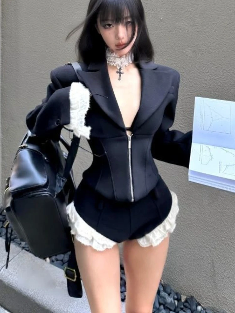 

Весенний комплект 2026: Сексуальный ретро-элегантный костюм-двойка для женщин в стиле Харадзюку – пальто с V-образным вырезом + повседневные брюки. Модный женский шик в корейском стиле. ​ Одежда