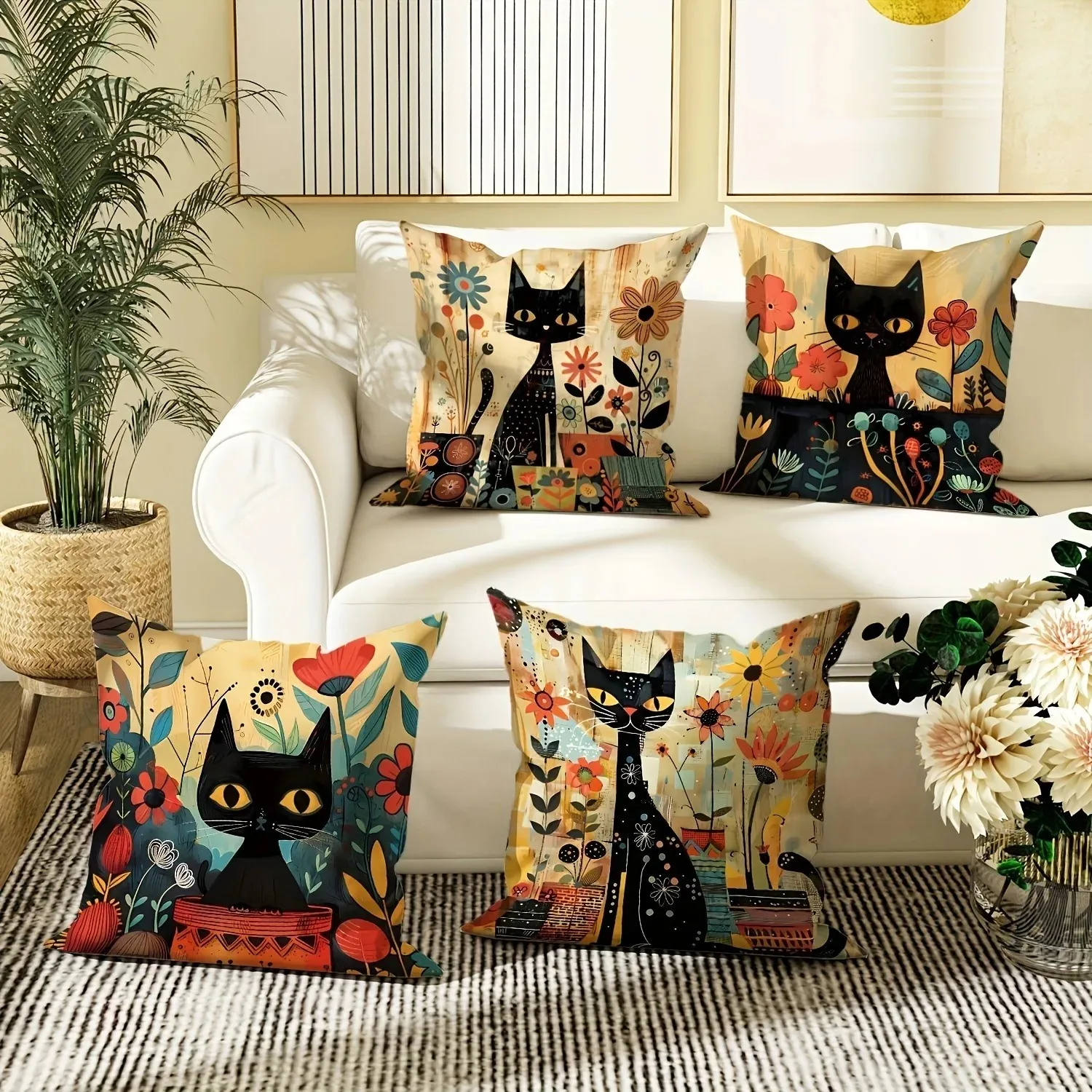 Home Decor Black Cats And Colorful Flowers Cushion Cover Pattern Cushion Cover Suitable For Sofa Bedroom Car Pillow Cover