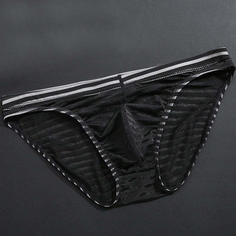 

Men's Sexy Thin Transparent Stripe Elasticity Breathable Briefs Low Waist Underwear Nylon Underpants Casual Shorts Panties