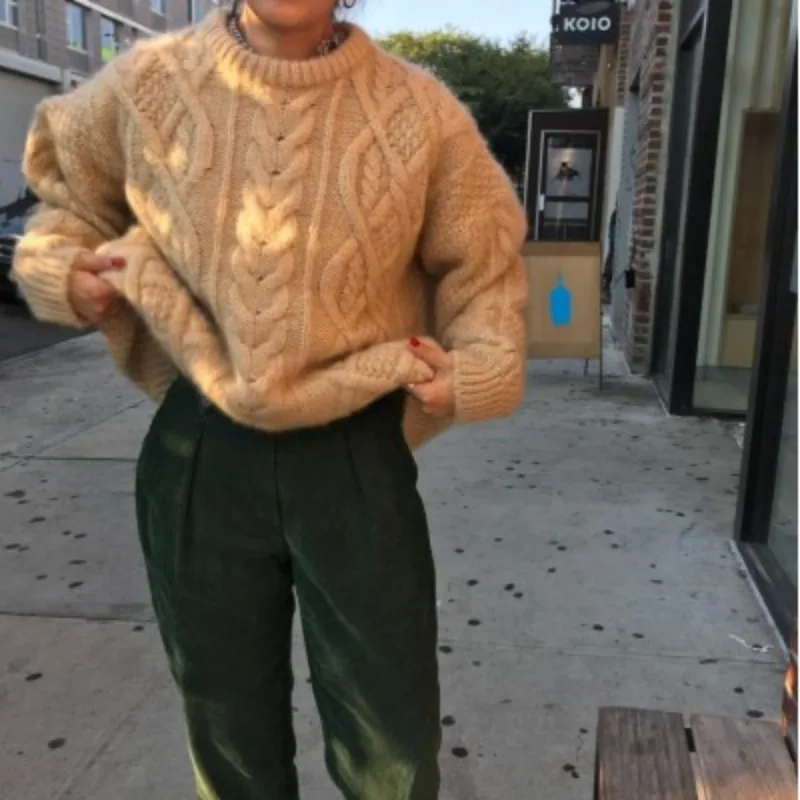 여성 니트 스웨터 코트 티엔드 루즈 레트로 트위스트 카메레 라운드 넥 풀오버 가을 겨울 아우터웨어 편안한 탑