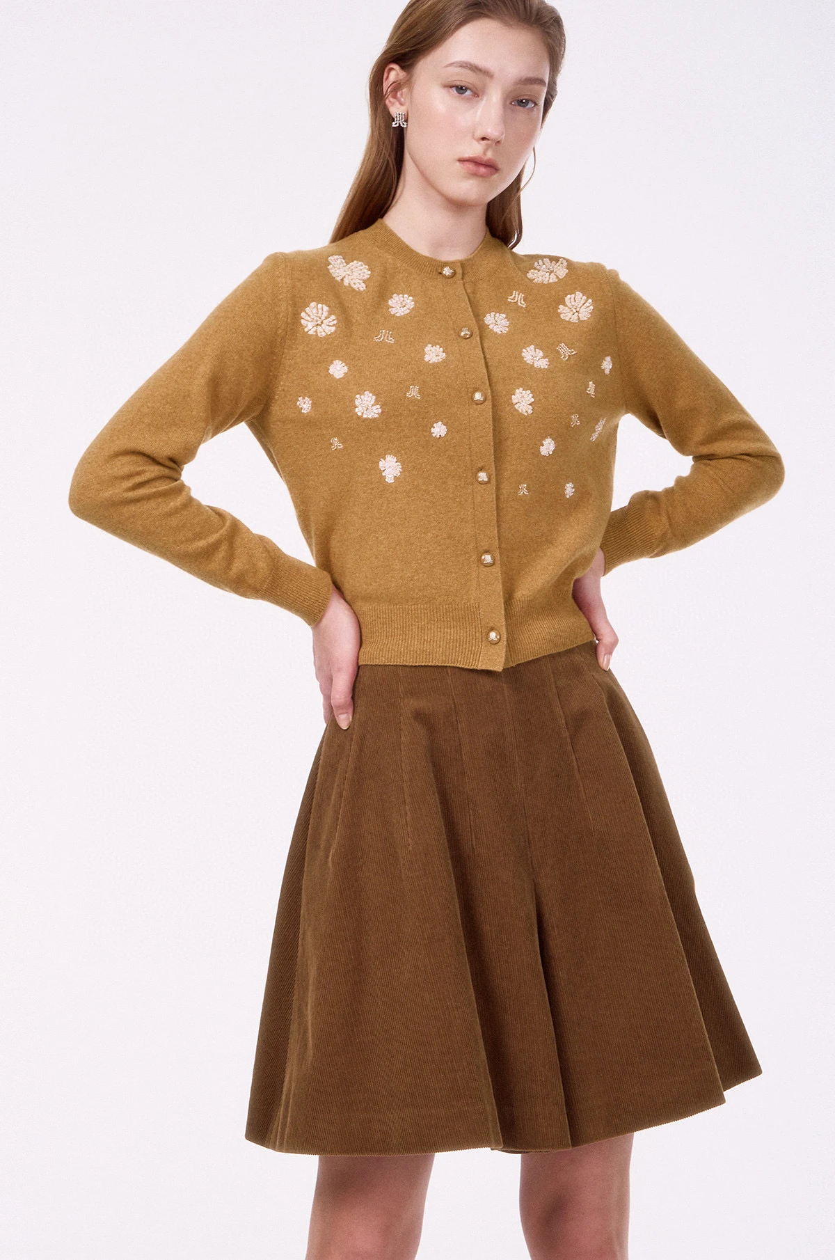 

Spring New round Ne Knitted Open Cardigan Korean Sle Embroidered Knitted Sweater Long Sve Regular Fit Button Decoration