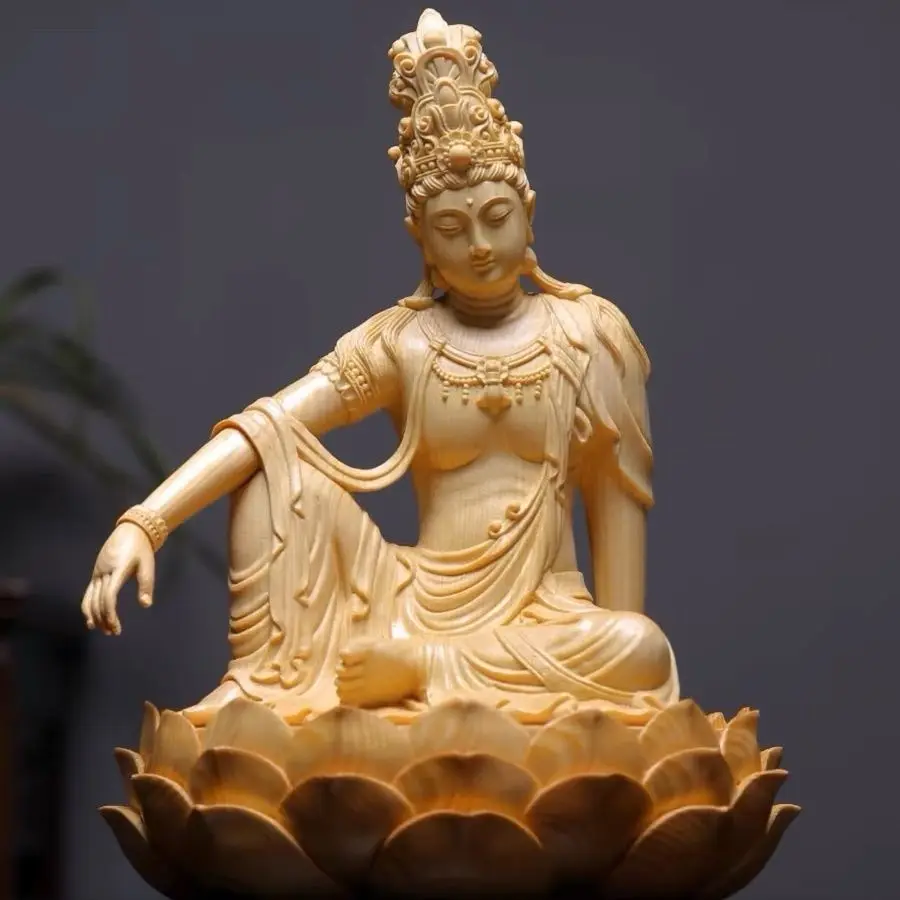Cypress Wood Carving Guanyin Carving Enshrines The Living Room Sitting Lotus Buddha Statue Home Decoration