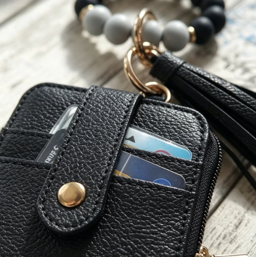Black PU Leather Multi Card Slots Mini Zipper Coin Purse with Gray & Black Silicone Bead Wristlet Keychain and Tassel, Snap Button ID Card Holder Wallet for Women