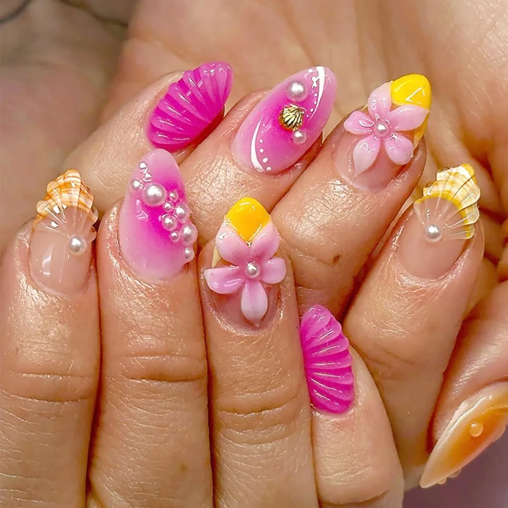 Summer Press-On Nails with 3D Shell Pearl Designs and Full Cover Glitter for Women