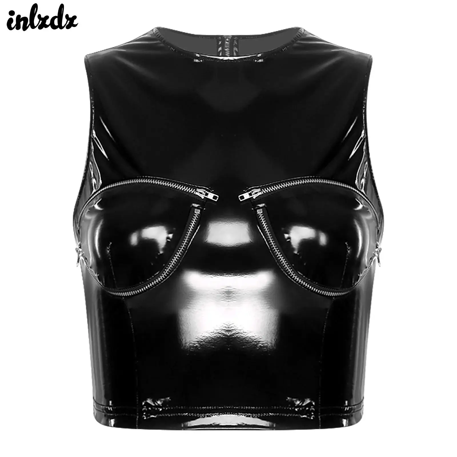 

Женский облегающий топ-камизоль из искусственной кожи с эффектом мокрой кожи, глянцевый укороченный топ из ПУ-кожи на молнии, с круглым вырезом, с молнией сзади, для клубов и рейвов