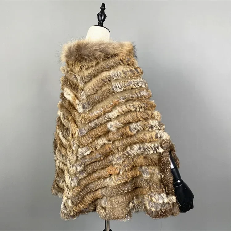 Raccoon Fur Collar Real Fur Rabbit Woven Shawl Sleeve Cape  Knitted Warm Winter Coats for Women Patchwork Tops 2023 Jackets 1Pc
