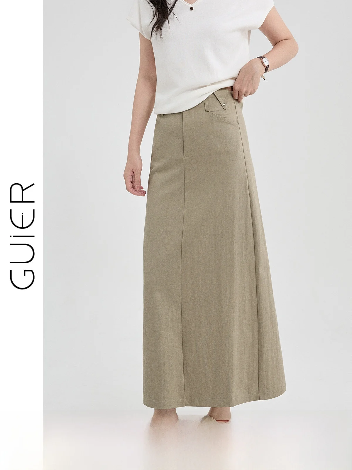 

Юбка А-силуэта цвета хаки женская летняя 2026 года, новая, с высокой талией, стройнящая, элегантная, длинная, с разрезом, дизайн с завышенной талией