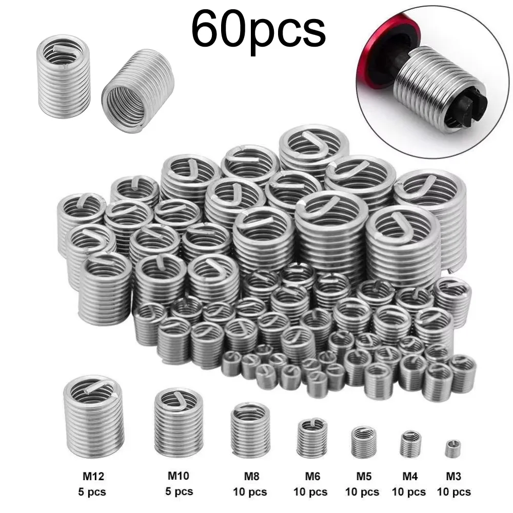 60Pcs Wire Thread Insert Thread Repair Kit Fastening M3-M12 Stainless Steel Spiral Wire Screw for Helical Repair Easy Install