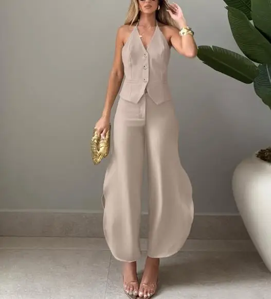 

Women's sleeveless suit, hanging collar, tie, split vest, top, long pants two-piece set, 2026 summer new women's clothing