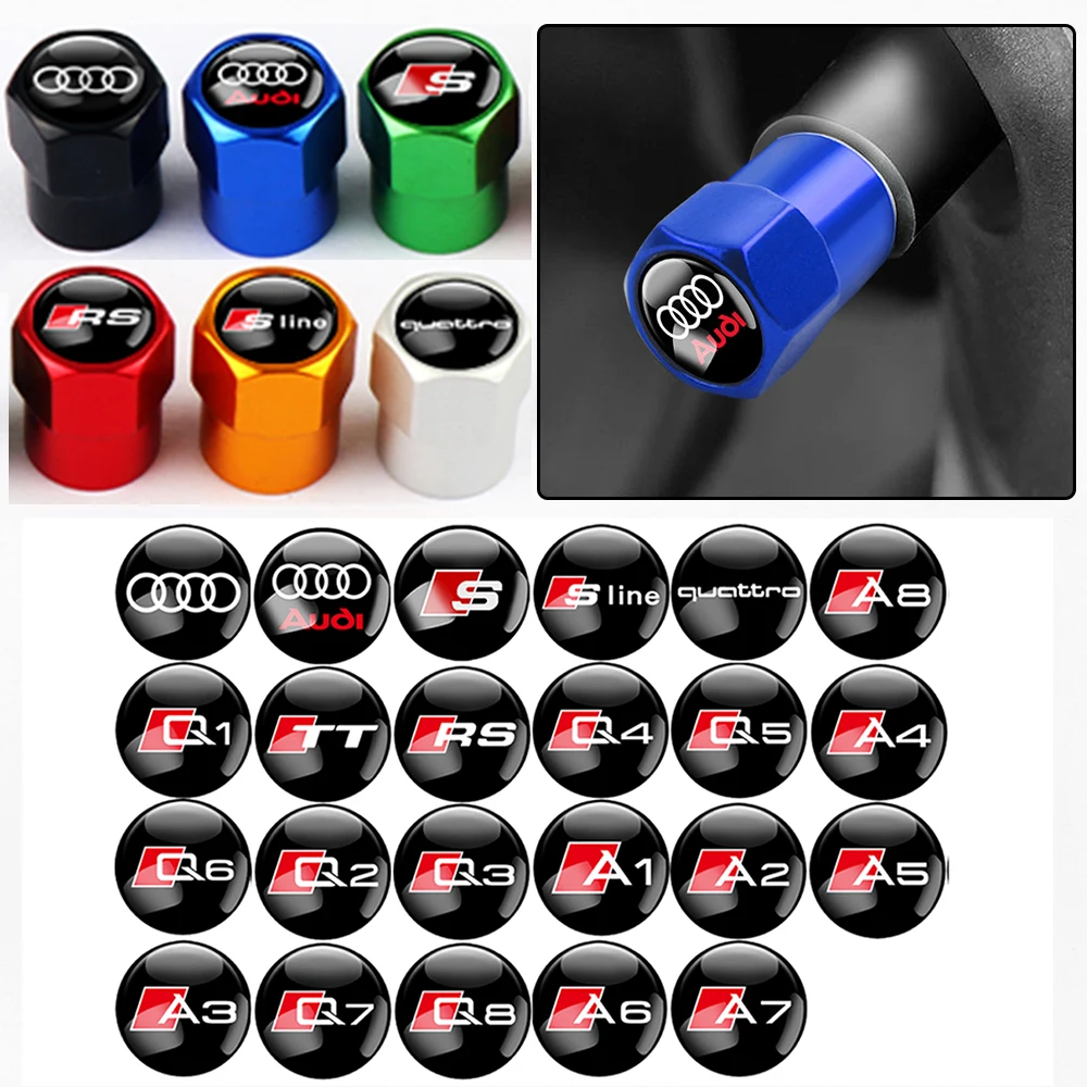 Car Wheel Tire Valve Caps Tyre Rim Stem Covers Airdust Waterproof for Audi Sline Quattro A4 B7 B8 A1 A3 8V 8P 8L A6 C7 A5 A7 A8