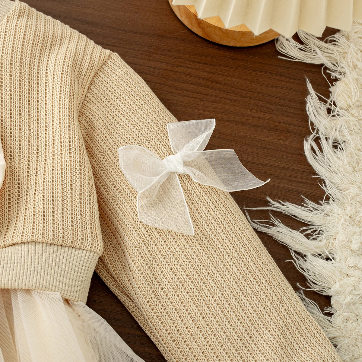 Neuheit Frühling Herbst Kleinkind Mädchen Prinzessinnenkleid mit Schleifendetail Strick Langarm Tüllkleid für Mädchen Geburtstagsfeier – Detail 6