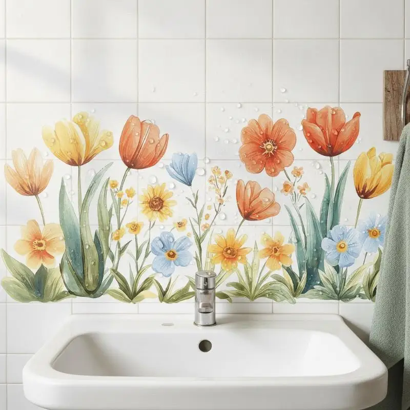 Toilet Wall Sticker Fresh Floral Pattern Waterproof Removable Adhesive Decal for Sink Area Bathroom Home Decor
