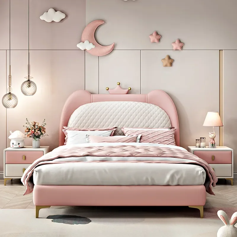 for Children Bed Girl Princess Bed Modern Simple Pink Crown Light Luxury Single  Soft Bag Leather Art  for Bedroom