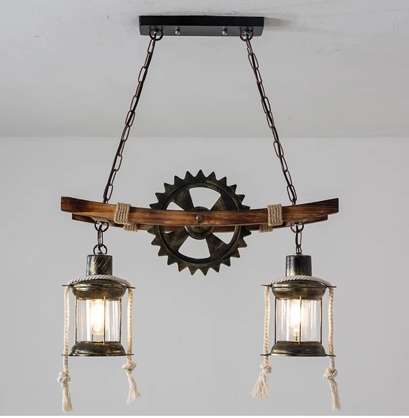 American light  vintage chandelier retro Cafe Bar Restaurant wooden loft pendant lamp gear industrial hanging glass light WF1029