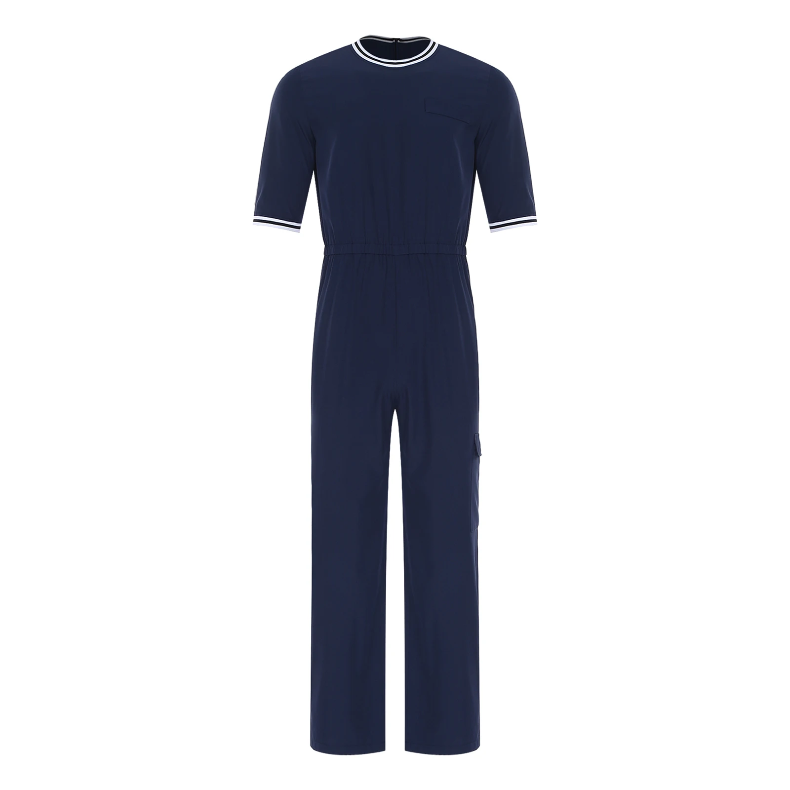 

Men‘s Alzheimer Adaptive Clothing Round Neck Half Sleeve Elastic Waist Back Invisible Zipper Jumpsuit with Flap Pocket