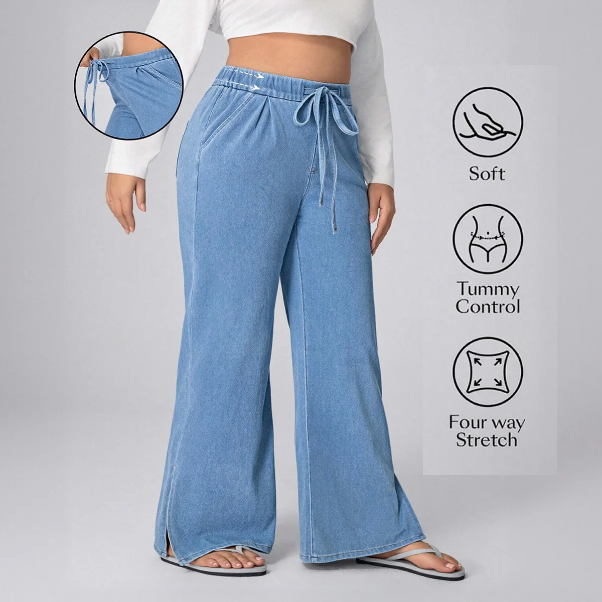 Dżinsy damskie plus size - casualowe, elastyczne, ze sznurkiem w pasie, z rozcięciem na dole dla wygodnego noszenia na co dzień.