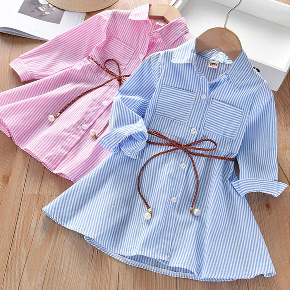 Trendy Girls Casual Dresses for Spring Autumn Striped Shirt Style Korean Flair Stylish and Comfort Dress for Young Fashionistas