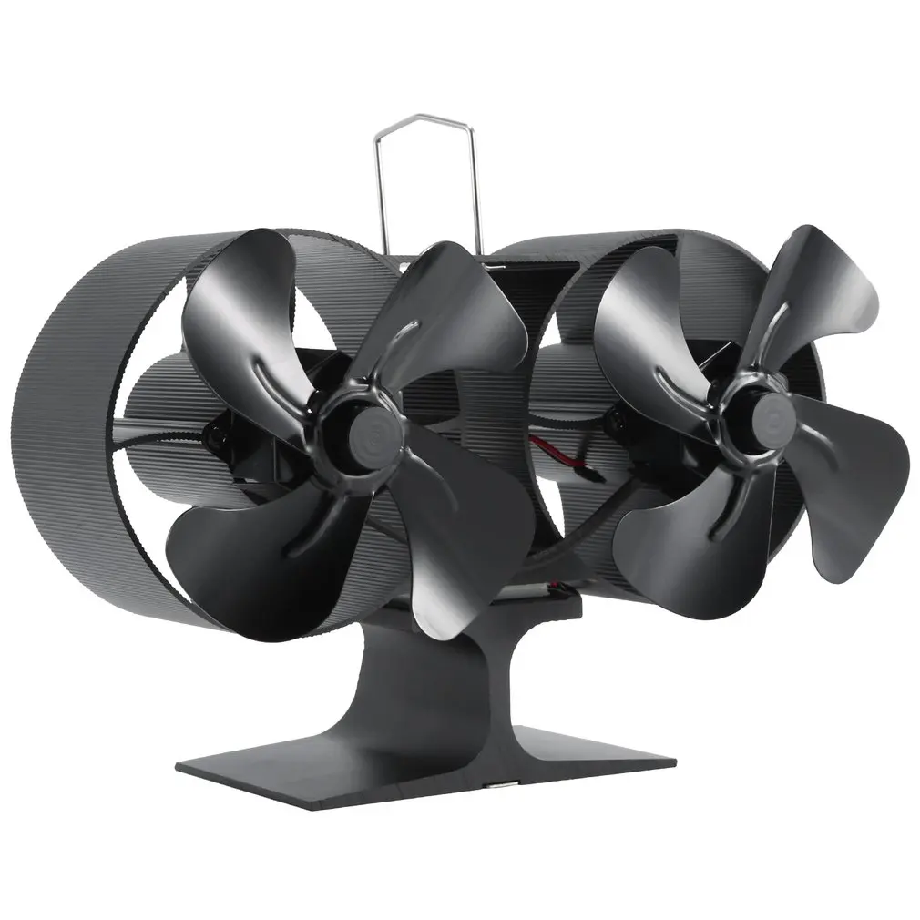 

Double Headed Pattern Fireplace Fan Black Stove Fan Quiet Denoise House Double Head 8-blade Twin Thermal Power Ventilation