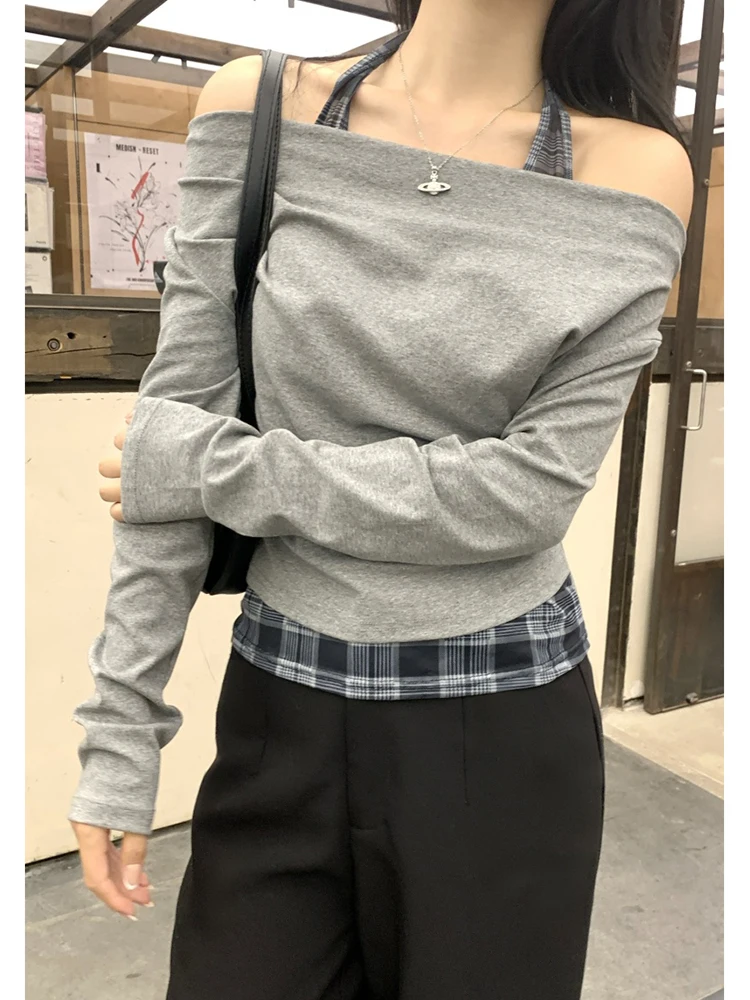 スリムフィットチェック柄パッチワーク吊りネックTシャツ女性用ロングスリーブベースシャツセクシーガールスリーブフェイクツーピース秋新作