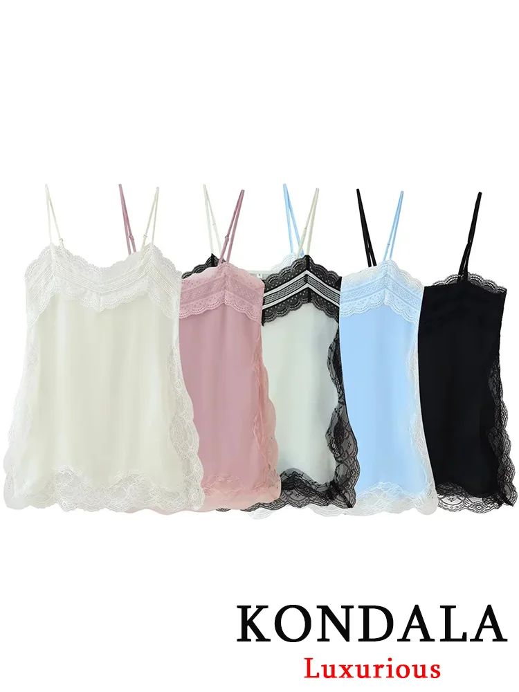 

KONDALA Sexy Women Tops Solid Lace Sleeveless Loose Cami Patchwork Satin Tops Fashion 2025 Autumn Chic Party Evening Club Tops