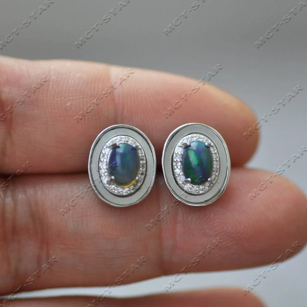 Z14286 13mm Natural Peacock Black Opal Stone 925silver Stud Earring Earrings 