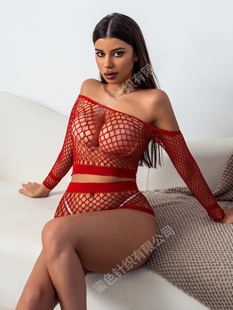 Net Sexy Fishing Hollow Out Long Sleeved Chest Wrap Backless Top And Bottom Two-piece Women Rompers Red Tight Bodysuits New DP89