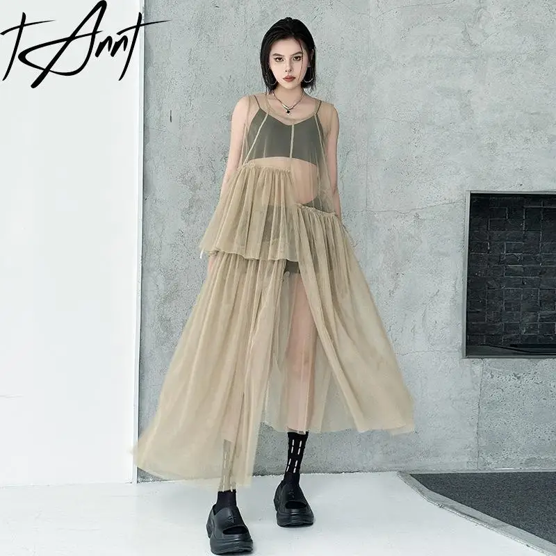 فستان نسائي من Tannt فساتين شبكية عصرية غير متماثلة للنساء لصيف 2025 فساتين طويلة سوداء غير رسمية صيفية جديدة فضفاضة